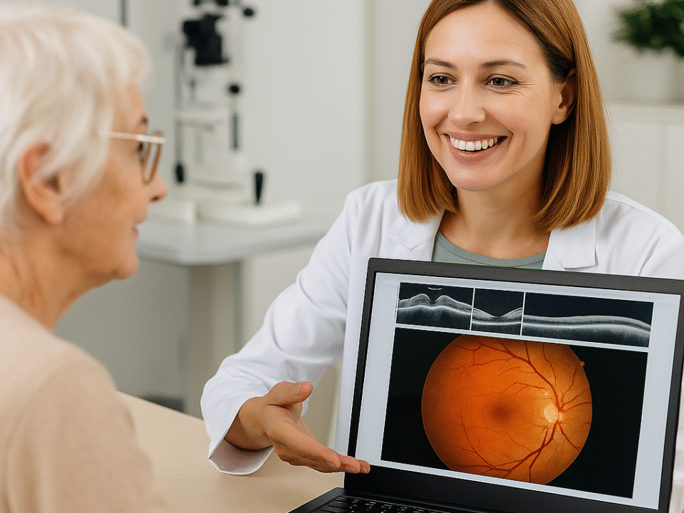 Optometrist showing a patient digital retinal scan results on a screen at Parham Optical in Aurora, Ontario.