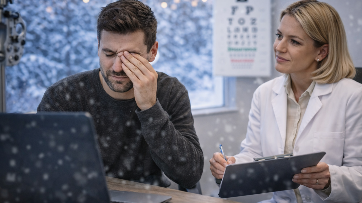 Man experiencing dry eyes and digital eye strain during winter in Aurora, consulting an optometrist about screen-related vision problems