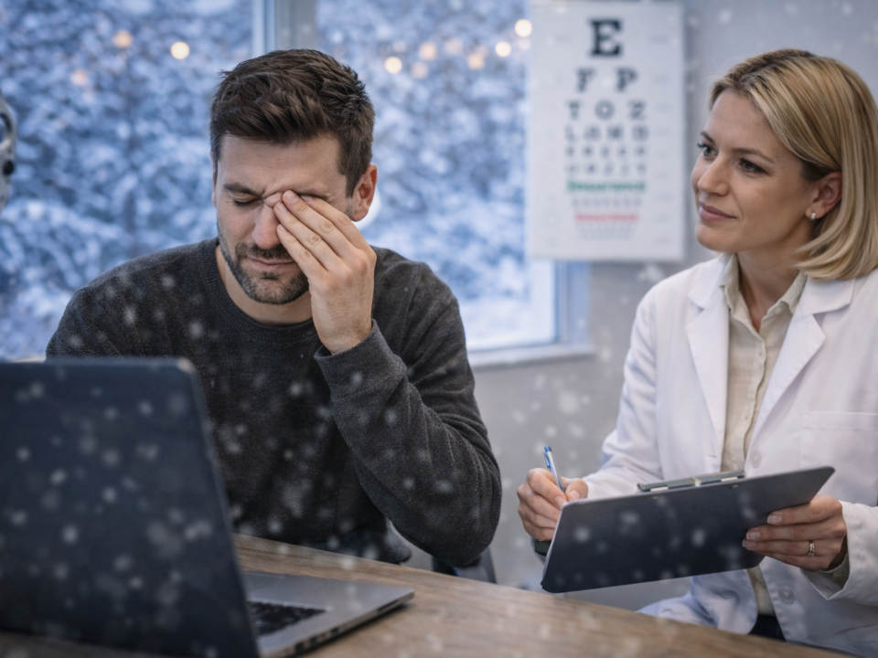Man experiencing dry eyes and digital eye strain during winter in Aurora, consulting an optometrist about screen-related vision problems