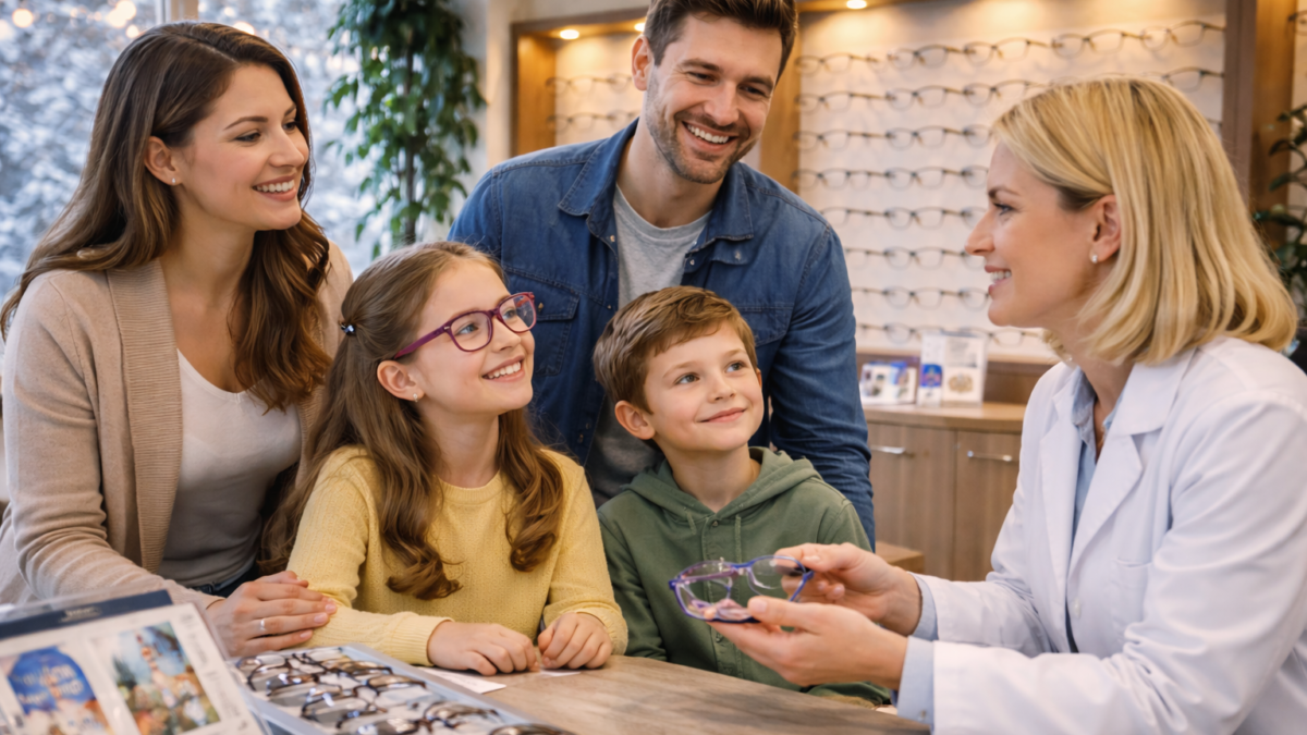Family visiting a local optical store in Aurora, receiving personalized eye care from an optometrist in a warm, community-focused clinic