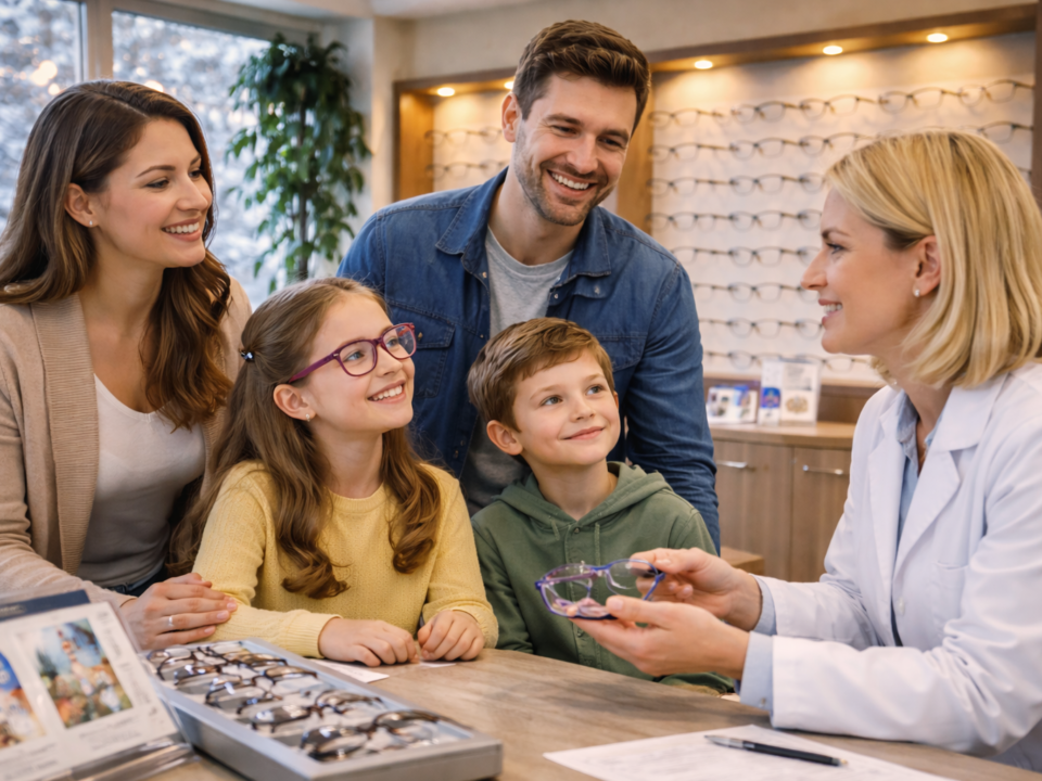Family visiting a local optical store in Aurora, receiving personalized eye care from an optometrist in a warm, community-focused clinic