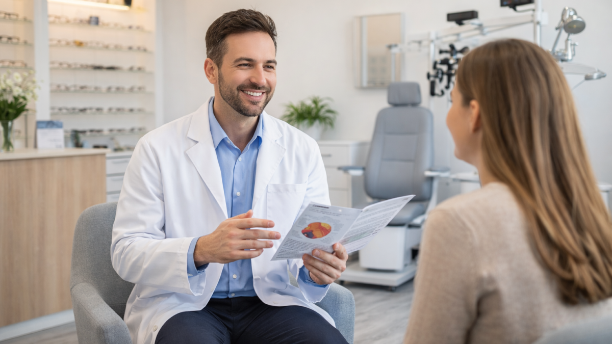 Patient speaking with an optometrist in a modern eye care clinic