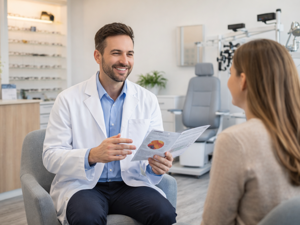 Patient speaking with an optometrist in a modern eye care clinic