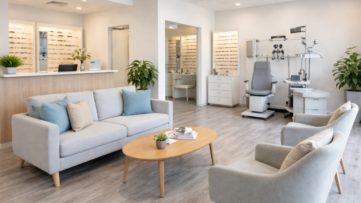 Modern optometrist clinic interior with eye care equipment and welcoming atmosphere