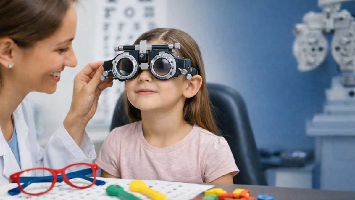 Optometrist performing a child-friendly eye exam to check for common vision problems in children in a modern clinic