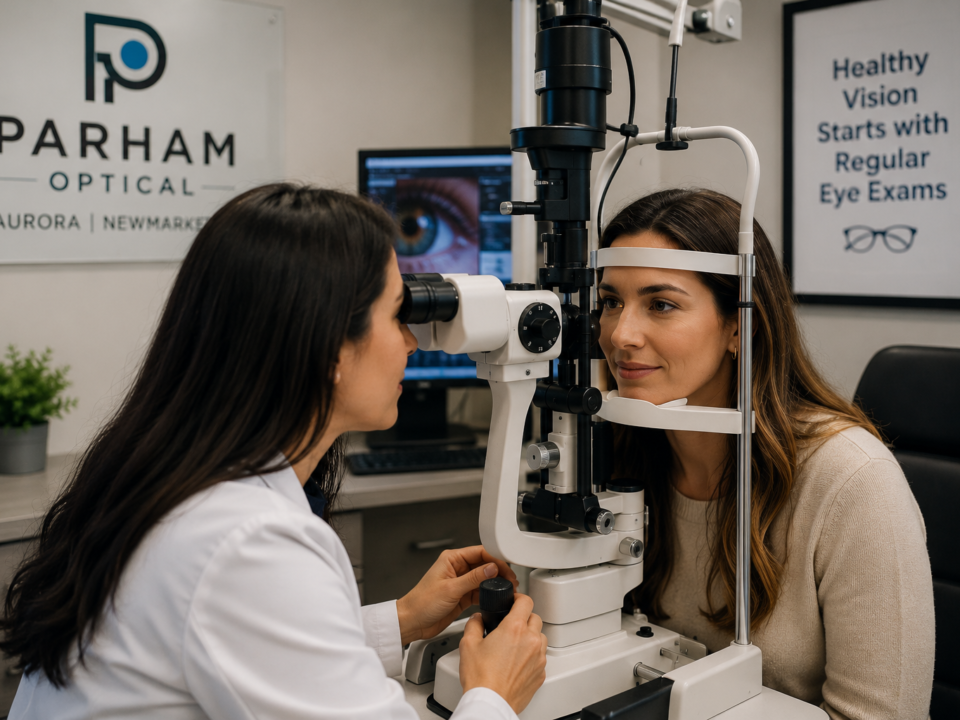 Adult patient receiving an annual eye exam at an optical clinic in Aurora Ontario